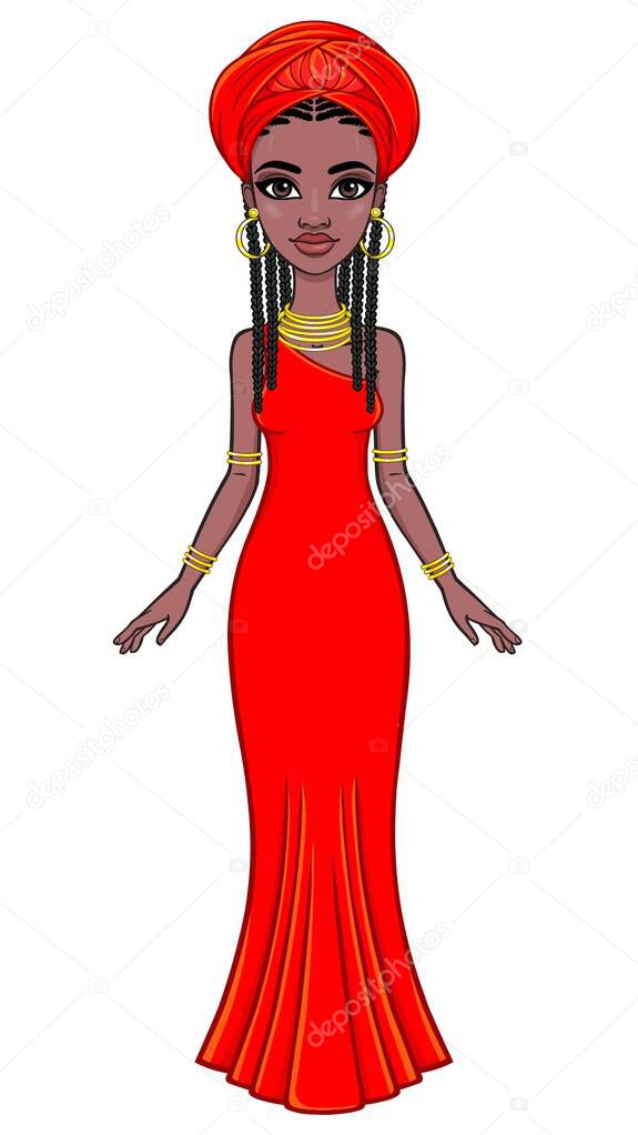 Animation portrait of a young African woman in a red turban. Full growth. Template for use.  Vector illustration isolated on white background.