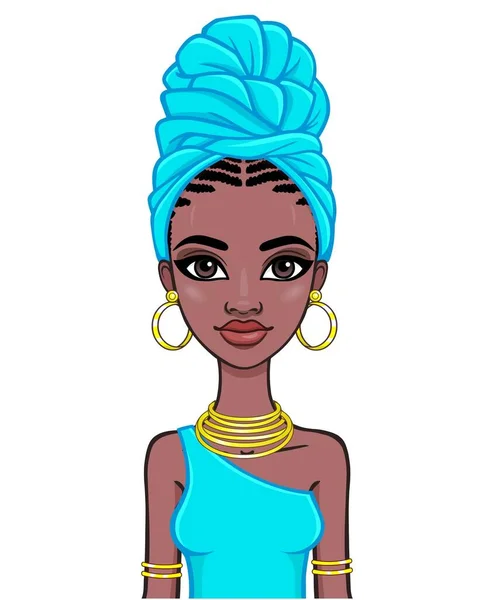 一个戴着蓝色头巾的年轻非洲女人的动画肖像 供使用 在白色背景上孤立的向量图 — 图库矢量图片