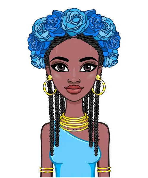 Retrato Animação Jovem Mulher Africana Bonita Com Cabelo Afro Coroa —  Vetores de Stock