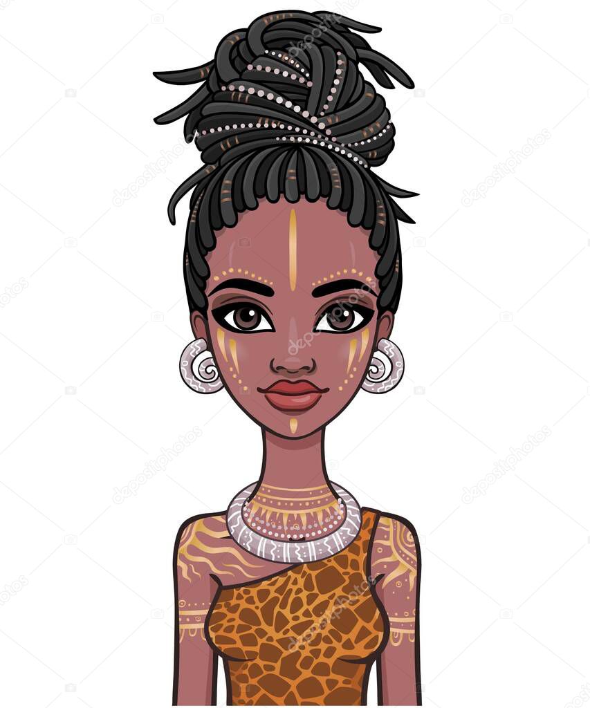 Animation portrait of the young beautiful African woman  in a dreadlocks and body art. Color drawing. Vector illustration isolated on a white background. Print, poster, t-shirt, card.