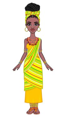 Animation portrait of a young African woman in a  turban and ethnic jewelry. Full growth. Template for use.  Vector illustration isolated on white background. clipart