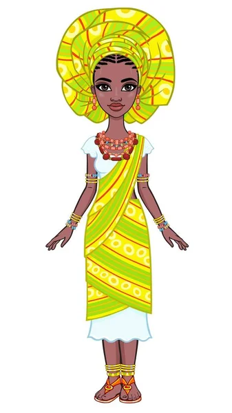 Анимационный Портрет Молодой Африканки Тюрбане Этнических Украшениях Полный Рост Шаблон — стоковый вектор