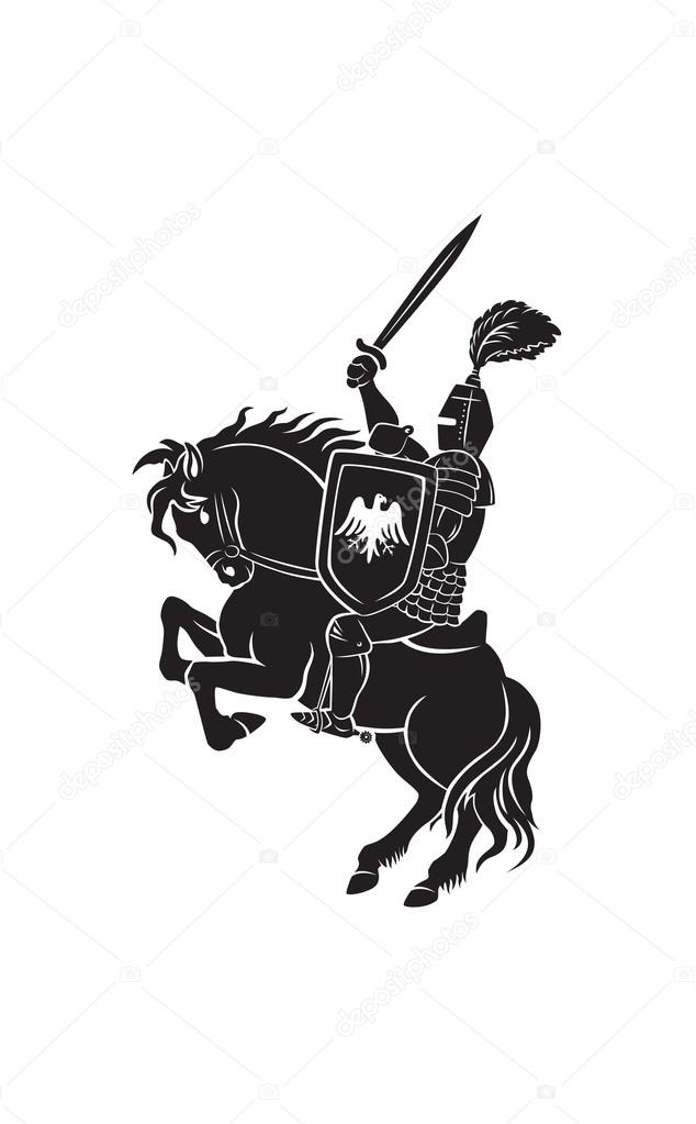 knight with sword mounted on horse