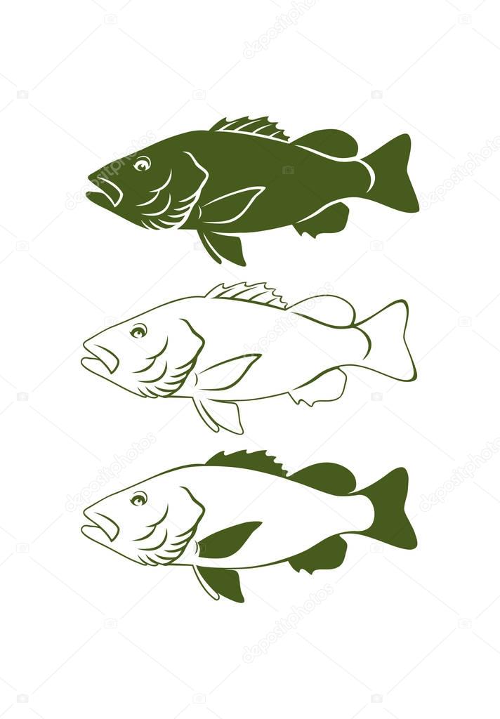 Black bass fish for logo or print. Fishing sport logo