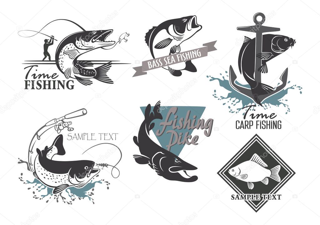 set of fishing icons isolated on white, vector illustration