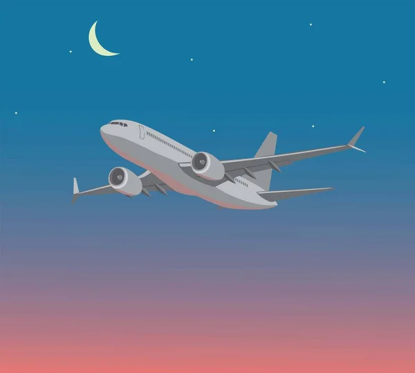 Avión vuela por la noche — Vector de stock