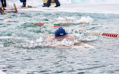 Sahyurta, Irkutsk bölgesi, Rusya Federasyonu - 11.2017 Mart: Baykal fincan. Kış Yüzme yarışmaları