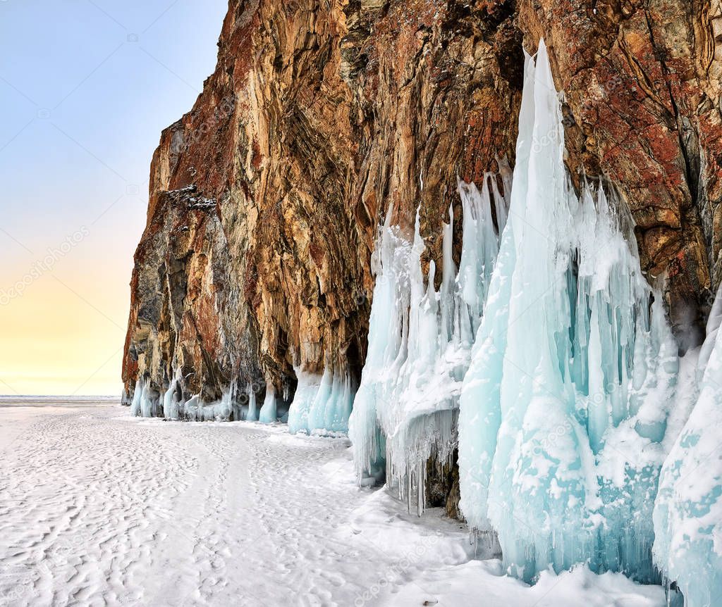Dawn at Baikal cape in early March
