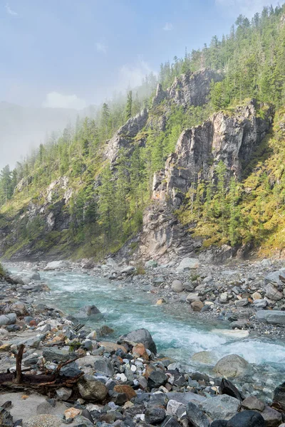 stock image Siberian mountain rivulet at mountainside of mountain