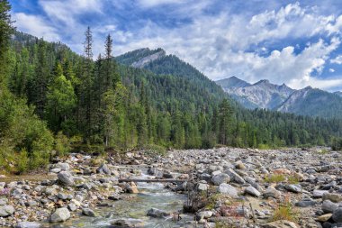 Büyük kayalar ve taşlar dağ akıntısının yatağı boyunca daha küçüktür.