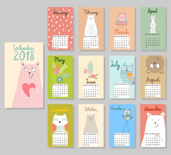 Schattig kalender 2018. — Stockvector