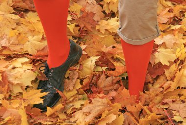 Sonbahar yaprakları duran kadın