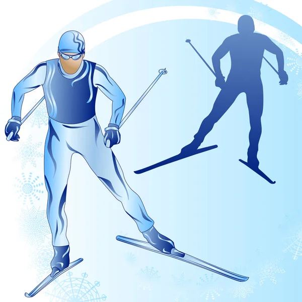 Stylized Figure Skier Blue Background Snowflakes — Stock Vector