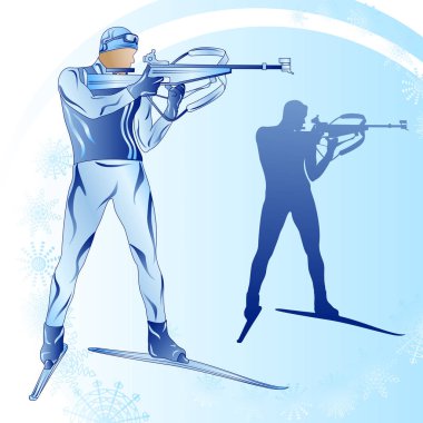 Bir kayakçı biathlonist kar taneleri ile mavi bir arka plan üzerinde stilize figürü