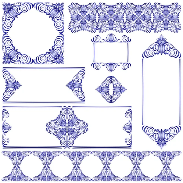 フレームおよびラインの青と白のデザインのセットをベクトル テンプレート アウトラインの要素とエンブレム 東花のフレーム ライン メニューのレストラン 結婚式招待状のパターン — ストックベクタ