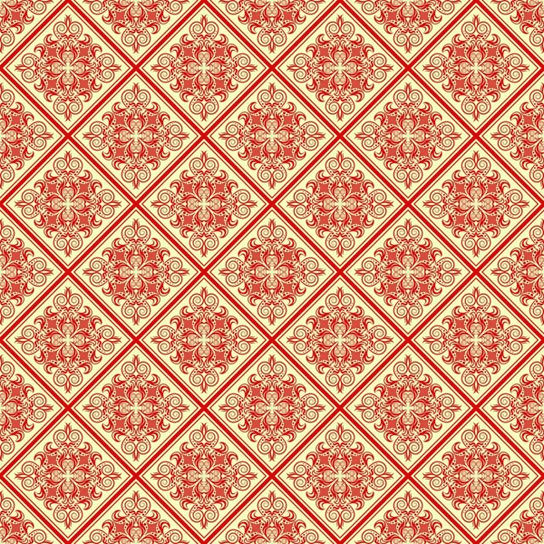 レモン テキスタイルや壁紙の背景にひし形の赤い模様を持つ美しい東テクスチャー — ストックベクタ
