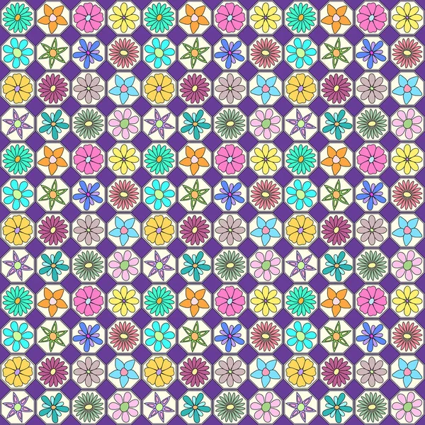 Patrón Sin Costuras Con Flores Colores Octágonos Sobre Fondo Violeta — Vector de stock