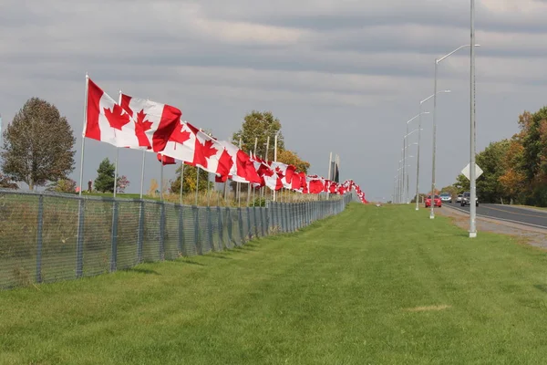 Bandeiras canadenses em cerca — Fotografia de Stock