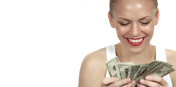 Kadın ona para On beyaz sayma — Stok fotoğraf