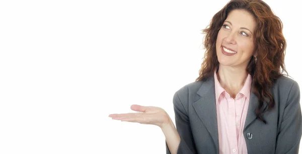 Isolated woman Holding your product — Stock Photo, Image