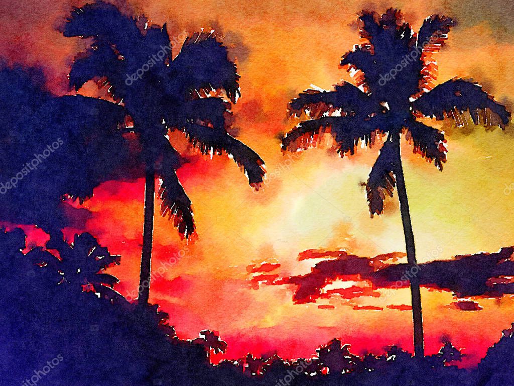 Niza Acuarela de un atardecer tropical Ilustración de archivo de ©rinderart  #181372842, image size:1024x768