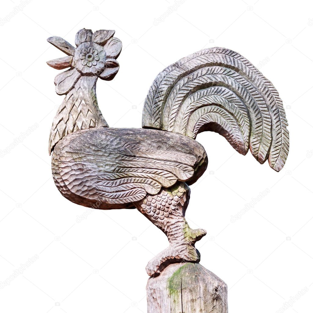 Rooster wood carving on white background