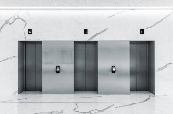 Modern minimalist lobby interior with three steel lift doors