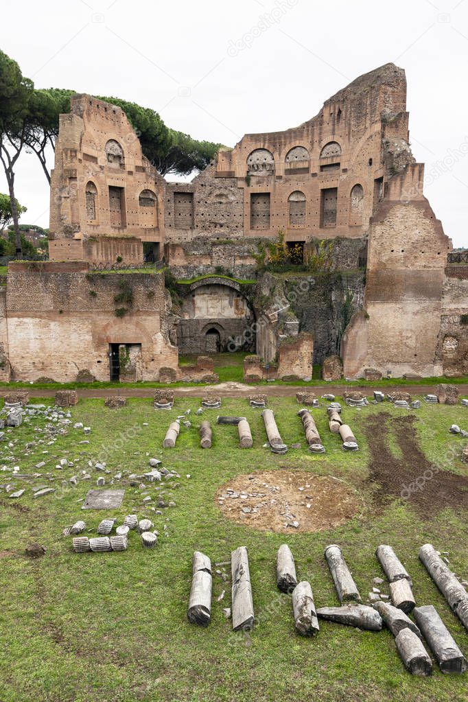 Architectural ruins of antique Roman forum in Rome