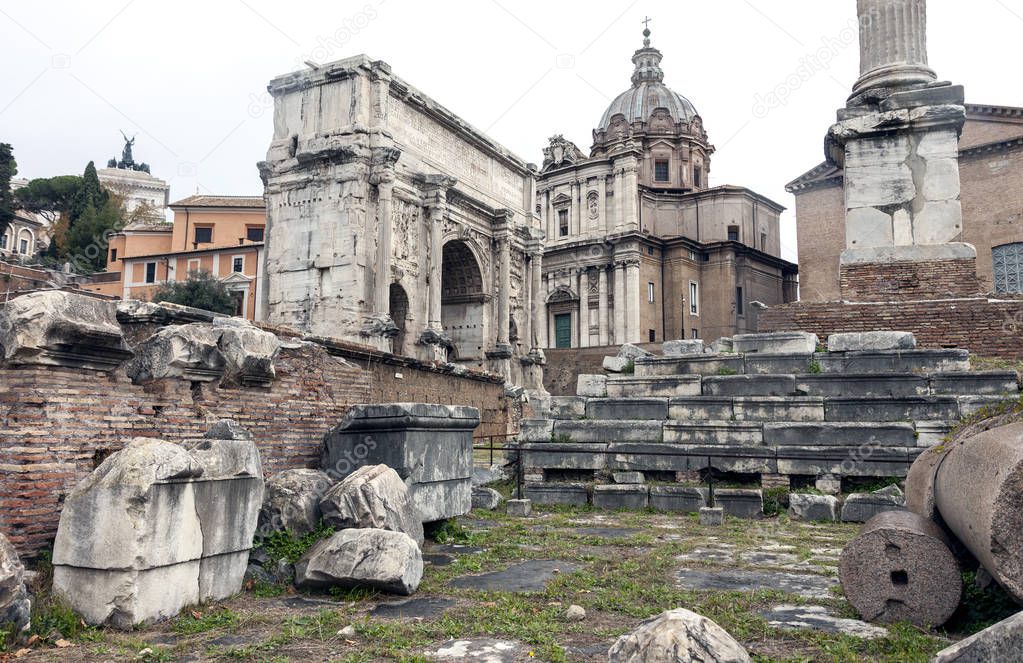 Historical ruins of antique Roman forum in Rome