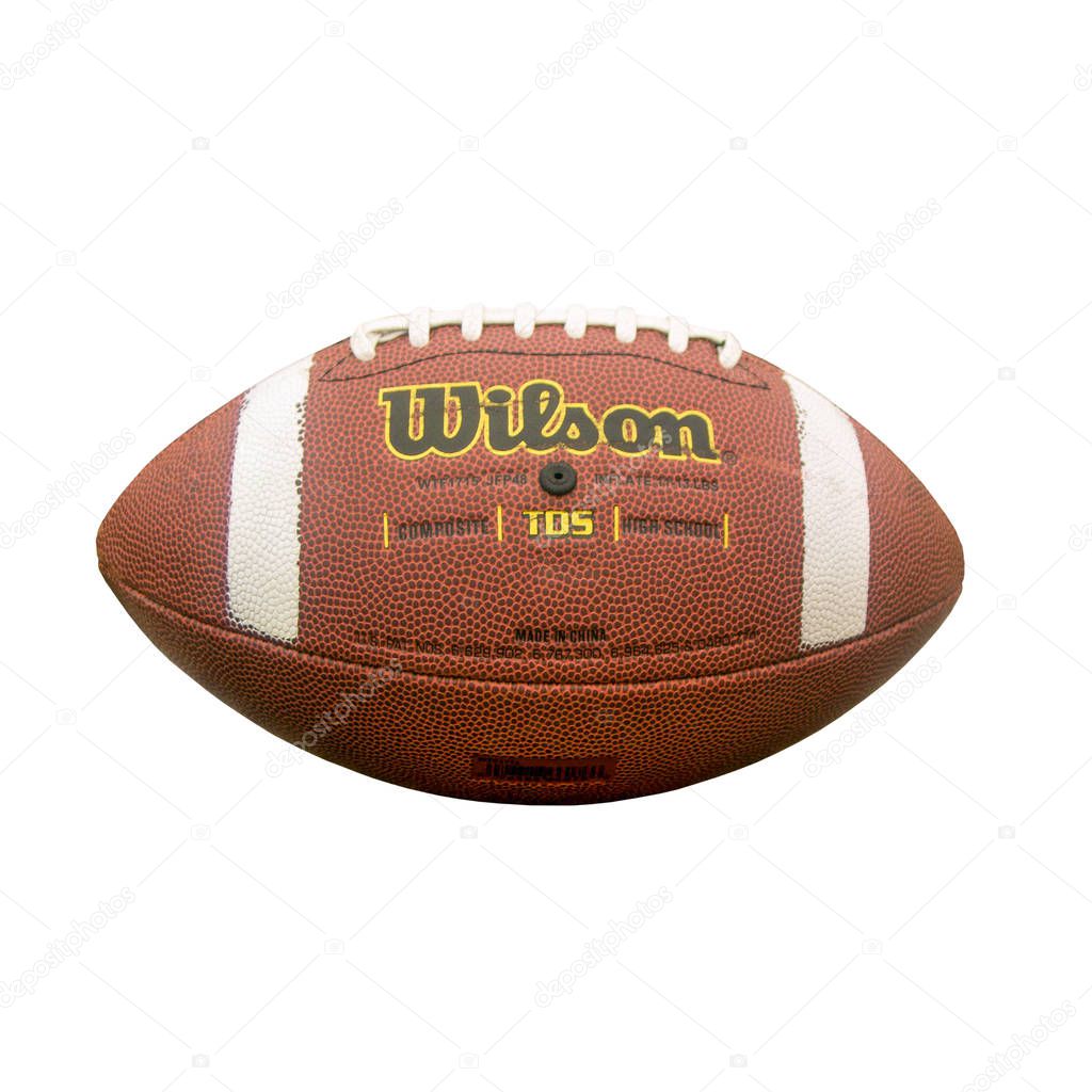 Vilnius, Lithuania - January 17, 2020: Studio shot of classic American Wilson football game ball isolated on white background