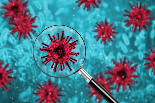 Epidemic or pandemic concept with magnifying glass over virus bacteria — ストック写真