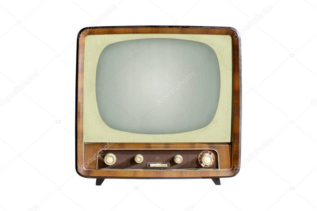 Vintage CRT TV set isolated on white background, retro alanog television technology 