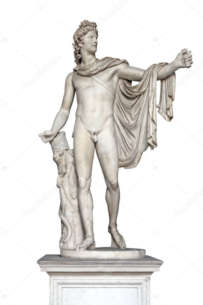 Front view of ancient Apollo Belvedere statue isolated on white background. Antique greek mythology and marble art 