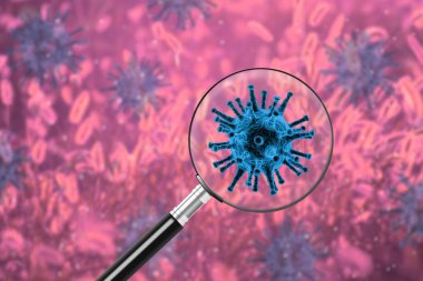 Virüs bakterisi üzerinde büyüteç bulunan salgın konsepti, Coronavirus covid 19 salgın konsepti, modern biyoteknoloji bilim illüstrasyonu