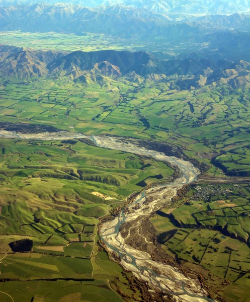 Luchtfoto van Waiau rivier, Canterbury, Nieuw-Zeeland — Stockfoto