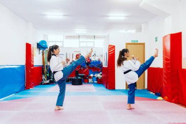 İki genç kadın bir eğitim merkezinde tekvando çalışıyor.