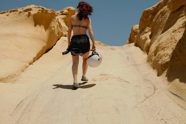 Young Redhead Woman Motorcycle Helmet Wearing Black Wrap Swimwear Walking — Stock Photo, Image