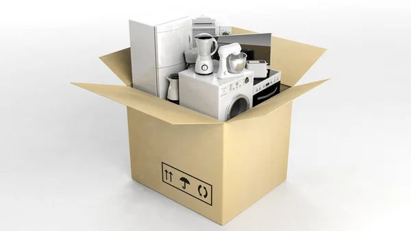 3d rendering home appliances in a moving box — Stock Photo, Image