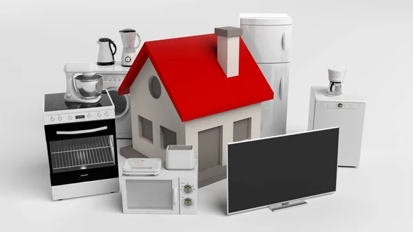 3D-Rendering von Haushaltsgeräten und einem kleinen Haus — Stockfoto