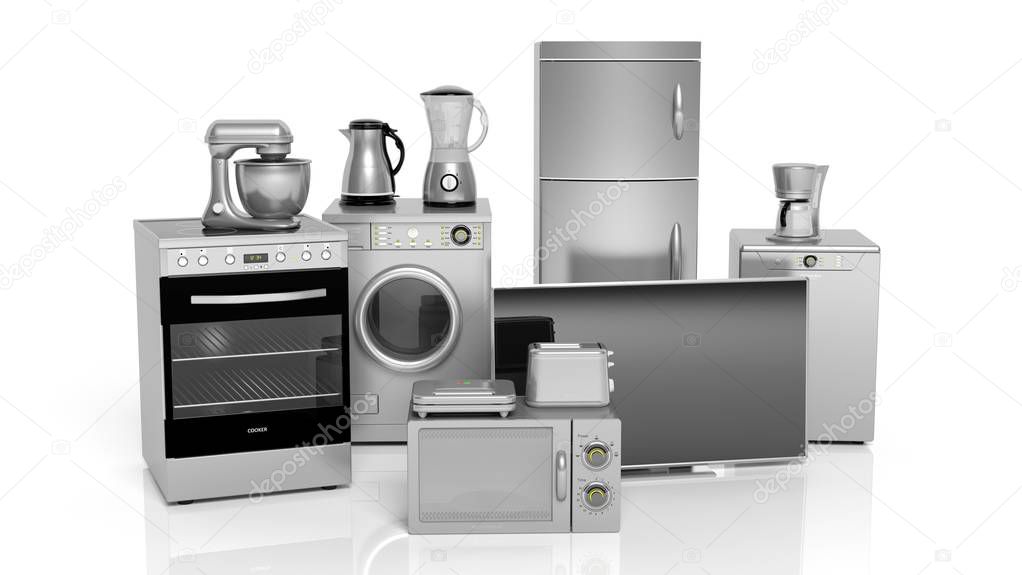 3d rendering set of household appliances on white background
