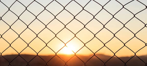 Wire mesh staket på en solnedgång bakgrund — Stockfoto