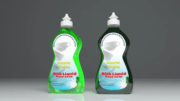 Посудомоечные жидкие пластиковые бутылки. 3d иллюстрация — стоковое фото