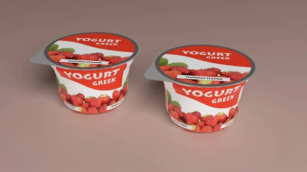 Imballaggio tazza di plastica allo yogurt alla fragola. Illustrazione 3d — Foto Stock
