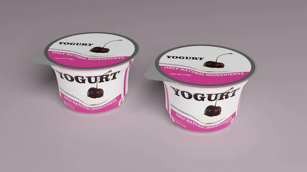Вишневый йогурт пластиковые чашки упаковки. 3d иллюстрация — стоковое фото