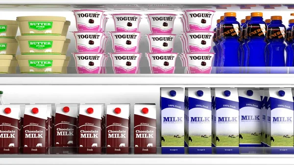Kühlschrank mit verschiedenen Produkten. 3D-Illustration — Stockfoto