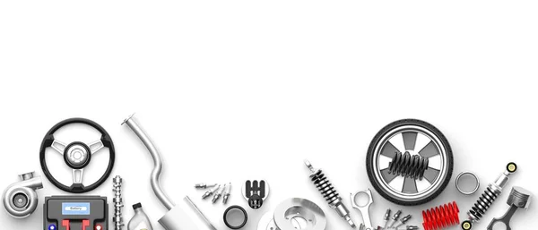 Diverse auto-onderdelen en accessoires op witte achtergrond. 3D illustratie — Stockfoto