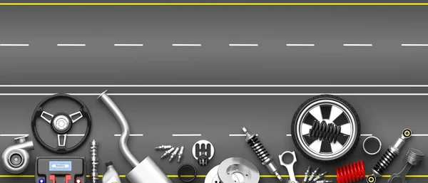 Διάφορα ανταλλακτικά αυτοκινήτων και αξεσουάρ σε φόντο γκρι δρόμο. 3D απεικόνιση — Φωτογραφία Αρχείου