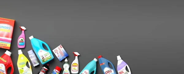 Collection of household cleaning products. 3d illustration