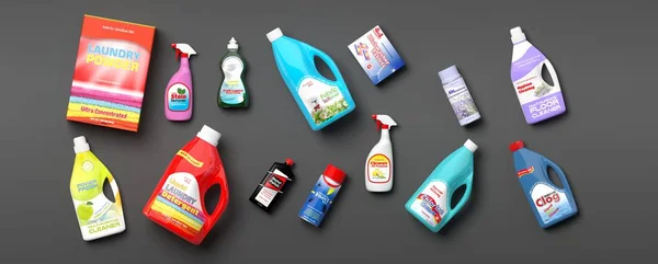 Coleção de produtos de limpeza doméstica. ilustração 3d — Fotografia de Stock