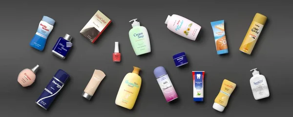 Verzameling van persoonlijke verzorging productss - grijze achtergrond. 3D illustratie — Stockfoto